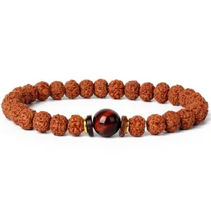 7mm Rudraksha bead bracelet with center red gemstone and metal wood spacers, prayer bead jewelry