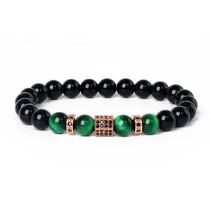 8mm Beaded Bracelet with Green Tiger Eye Black Beads and Micro Pave Zircon Spacers for Men