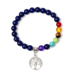 8mm Gemstone Tree of Life Yoga Bracelet Natural Lapis Lazuli Chakra Beaded Jewelry Detail Shot