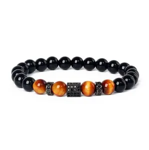 Detailed view of a stylish beaded bracelet featuring tiger eye, onyx stones, and micro-paved zircon.
