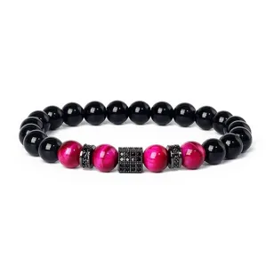 Black agate and pink tiger eye beaded bracelet with micro-pave zircon square spacer fashion