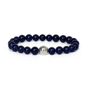 Close-up detail of the dark blue gemstone bead bracelet with an exquisite alloy spacer bead.