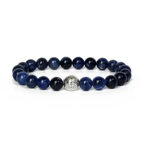 Close-up detail of 8mm blue sodalite gemstone beaded bracelet with silver alloy spacer bead.