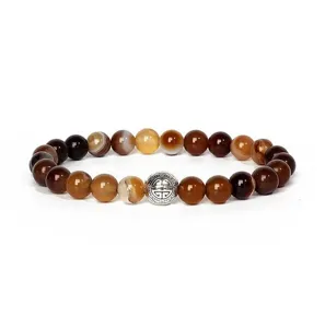 Natural Stone Agate Beaded Bracelet with Alloy Spacer Charm for Yoga and Meditation Jewelry