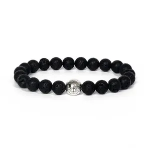 8mm black lava stone bead bracelet with silver alloy accent charm for yoga wear.