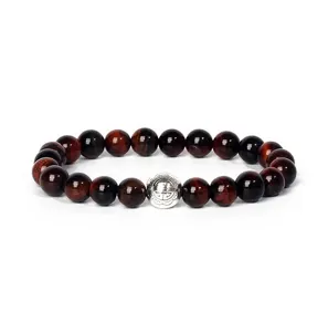 Close-up detail of 8mm natural gemstone yoga bead bracelet with decorative alloy spacer.