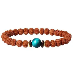 7mm Rudraksha bead bracelet with a vibrant blue tiger's eye stone centerpiece for men and women.