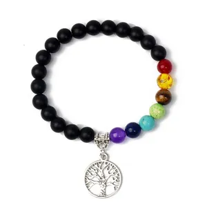 8mm Black Stone Volcanic Lava Tree of Life Pendant Chakra Yoga Beaded Bracelet Detail