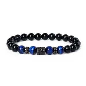 Men's 8mm blue tiger eye and black obsidian beaded bracelet with micro pave zirconia.