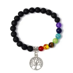 Chakra lava stone beaded bracelet with silver Tree of Life pendant, yoga jewelry detail.