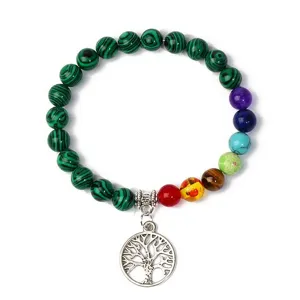 Chakra healing tree of life bracelet with green malachite and colorful gemstone beads jewelry.