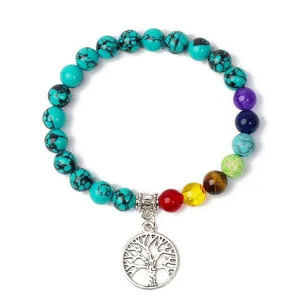 8mm Turquoise Chakra Yoga Bracelet with Silver Tree of Life Pendant Healing Bead Jewelry