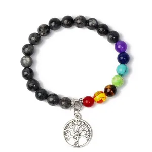 Detailed close-up view of the 8mm chakra beaded bracelet featuring a silver tree pendant.