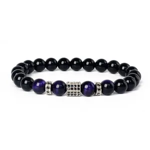 8mm Tiger Eye Black Stone Bracelet with Pave Zircon Square Spacer Beaded Jewelry