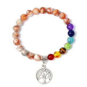 8mm gemstone chakra bead bracelet with silver tree of life pendant for yoga meditation jewelry