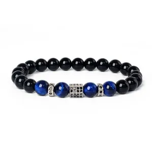 Mens Beaded Bracelet Natural Blue Tiger Eye Black Stone Micro Pave Zirconia Jewelry Gift