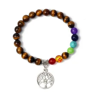 Close up of 8mm tiger eye beads and chakra stones bracelet with silver tree of life charm.