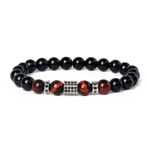 Natural stone bead bracelet with red tiger eye and micro-pave zircon metal spacer for men.