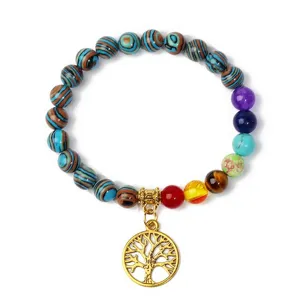 Chakra gemstone beaded bracelet with gold tree of life pendant yoga meditation jewelry gift