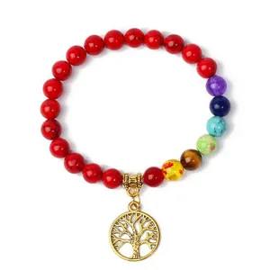 Tree of life charm beaded bracelet with colorful chakra stones for yoga and meditation.