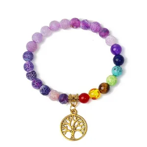 Tree of life beaded bracelet with colorful chakra stones, yoga jewelry detail view.