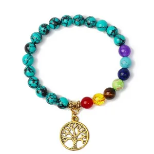 Chakra stone beaded bracelet detail with gold tree of life pendant yoga jewelry piece