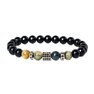Natural stone beaded bracelet with tiger eye, onyx and paved cubic zirconia metal spacers main view