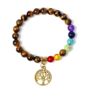 8mm Tiger Eye Chakra Stone Bracelet with Gold Tree of Life Pendant Yoga Healing Jewelry