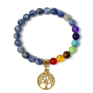 Chakra stone beaded bracelet with gold tree of life pendant yoga jewelry healing gemstone