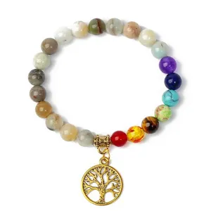 Colorful natural stone beaded bracelet featuring a gold tree of life pendant for yoga meditation.