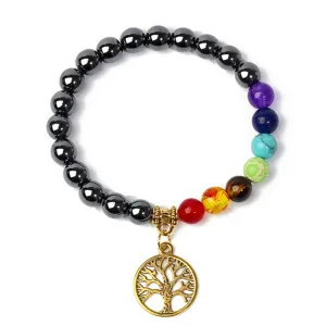 Chakra healing bracelet with hematite beads and gold tree of life pendant yoga jewelry