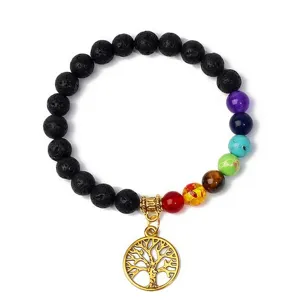 Detail view of 8mm black lava stone chakra bracelet with gold tree of life pendant and gemstones.