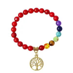 Chakra stone beaded bracelet with gold tree of life pendant, yoga healing jewelry for women.