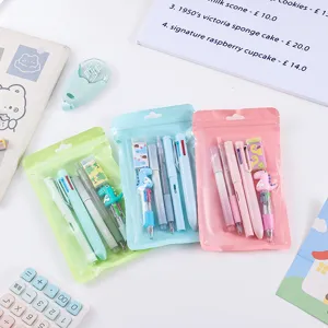 Cute cartoon stationery set with multi-color pens, dinosaur clip and clear ziplock pouch.
