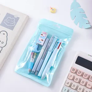 Cute cartoon stationery set with multi-color pens and eraser in clear zipper pouch for students.