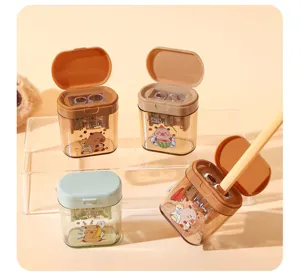Cute capybara double-hole pencil sharpener with transparent box, mini stationery for kids.