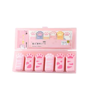 Cute cat paw correction tape and sticky notes stationery set in a pink storage box for students and office.