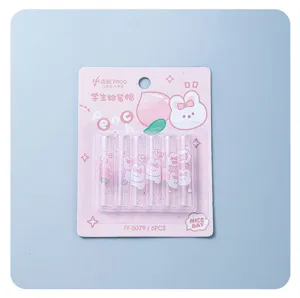 Cute cartoon student pencil cap set detail view with 6pcs pink rabbit design stationery.