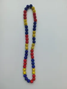 Close-up of 10mm red, blue and gold pave crystal disco ball beaded necklace