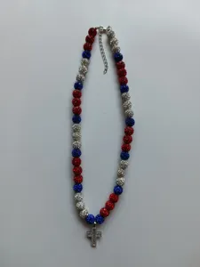 Red white and blue rhinestone clay bead necklace with cross pendant fashion jewelry