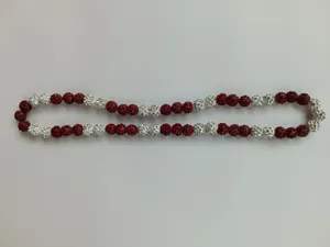 Red and white rhinestone Shamballa necklace featuring 10mm crystal pavé clay beads