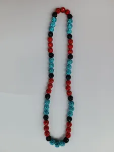 Handmade 10mm Shamballa necklace with red black and cyan rhinestone paved clay disco balls.