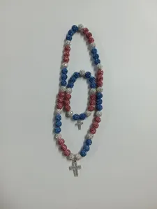 Red white blue Shamballa bead necklace bracelet jewelry set with crystal cross pendant.