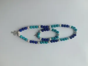 Blue and silver 10mm Shambhala rhinestone clay bead necklace and bracelet jewelry set