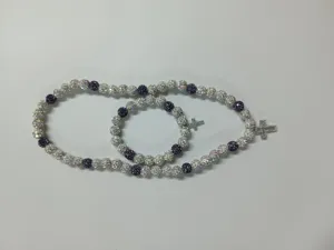Sparkling purple and white AB 10mm disco ball necklace and bracelet set with cross