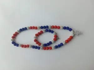 Handmade 10mm red white and blue clay disco ball necklace and bracelet set with cross charms