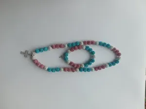 10mm pink and blue clay disco ball shamballa necklace and bracelet set with cross