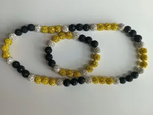 10mm black gold and silver rhinestone clay bead shamballa necklace and bracelet set