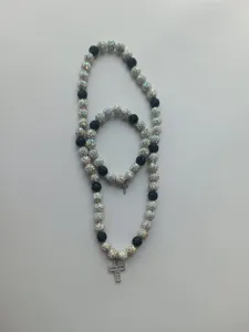 Hip-hop 10mm Shamballa bead necklace and bracelet set with sparkly rhinestone cross pendant