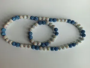10mm blue and iridescent white AB rhinestone clay ball bead necklace and bracelet set